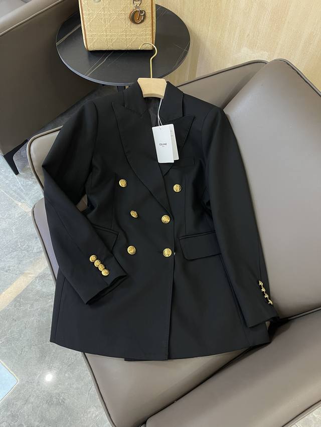 新款西装外套 Celine 专柜顶级货 双排金扣 西装外套 黑色 Smlxl